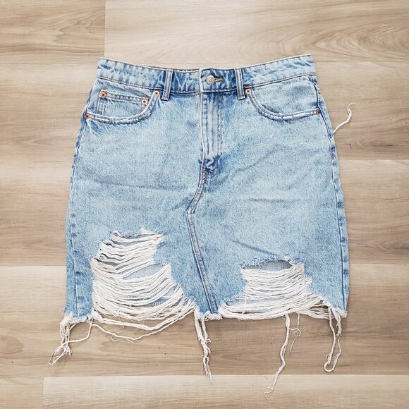 Zara Button Fly Distressed Fringed Hemline Denim Skirt Blue Size Large - Picture 1 of 9